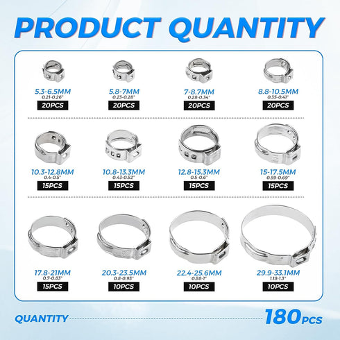 180 Pcs 304 Stainless Steel Single Ear Hose Clamps Assortment Kit with Pincer, 5.3-33.1mm for Automotive and Plumbing