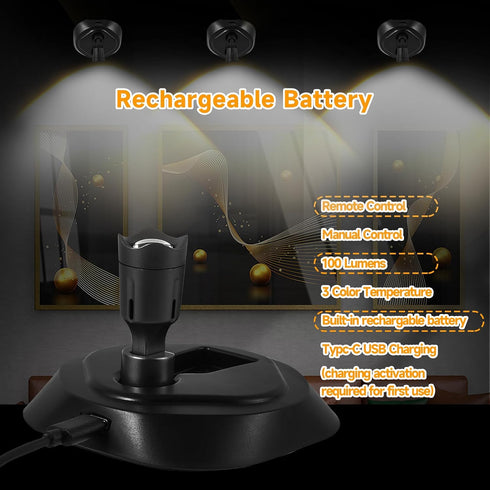 3CTT, Dimmable 2 Pack Wireless LED Spotlight Indoor with Remote, Battery Powered Picture Lights, Rechargeable Spot