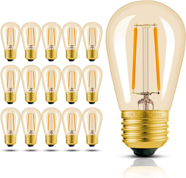 Hizashi 15 Pack S14 Replacement Light Bulbs, 2W=25 Watt Dimmable E26 Base, Amber 2200K, Outdoor String Lights