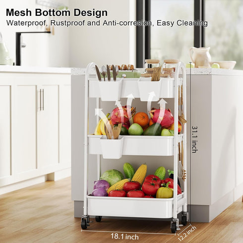 Osivaex 3 Tier Rolling Cart Metal with Wheels, Heavy Duty White Three Tiered Craft Cart Organizer on Wheels, Utility