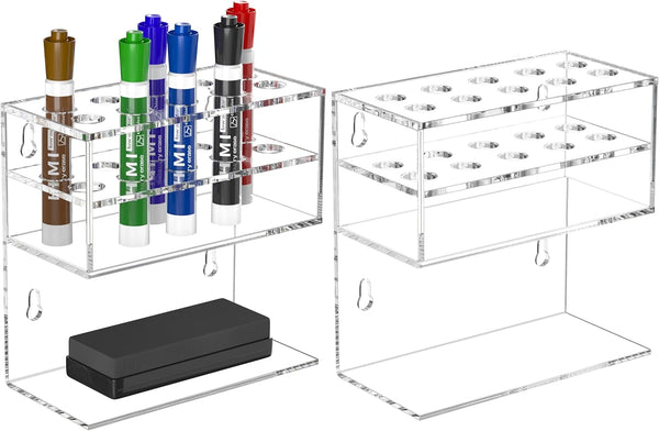 HIIMIEI Dry Erase Marker Holder for Whiteboard, Wall Mounted 2-Tier 10-Slot Acrylic Marker Organizer, Clear 2pcs