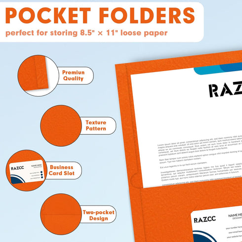 RAZCC 50 Pack Two Pocket Folders, Fit Letter Size Paper, Pockets for School Office Business Home (Orange)