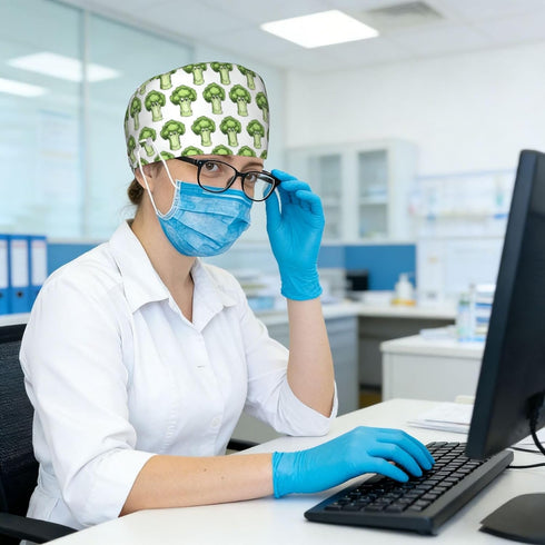 Nurse Scrub Cap Men Women with Buttons - Cute Cartoon Cauliflower B Print Soft Comfy Surgical Cap, Adjustable Tie Back