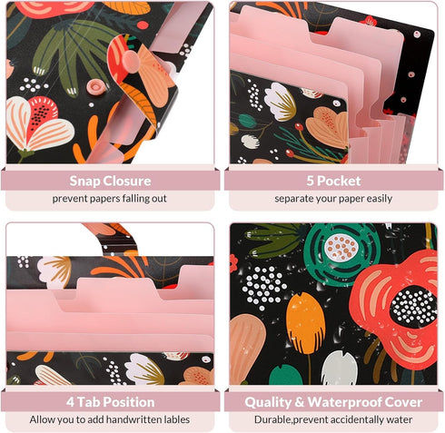 SKYDUE Expanding File Folder - Black - 5 Pockets Floral Accordion File Organizer for Important Documents