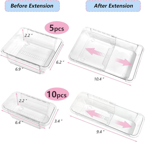Sawvolker 15 Set,Adjustable 2-Size Pcs Extendable Clear Drawer Organizer Vanity Storage Box, Desk Drawer Divider