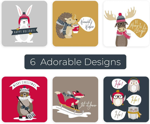 Woodland Animals Christmas Stickers / 250 Labels / 1.5" x 1.5" Square Envelope Seals / 6 Festive Designs / Made in The