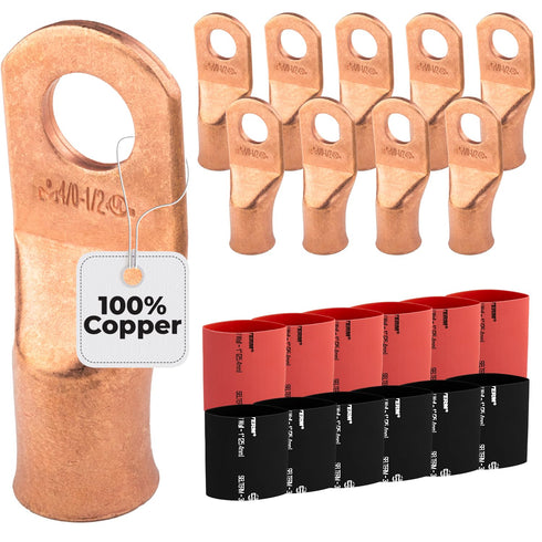 SELTERM 10pcs 4/0 Awg Battery Lugs, 1/2" Stud Ring Terminal Connectors with 12pcs Heat Shrink Tubing Kit