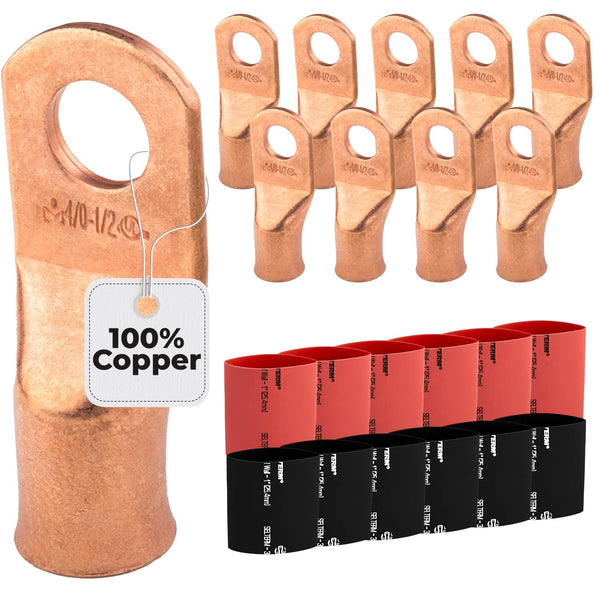 SELTERM 10pcs 4/0 Awg Battery Lugs, 1/2" Stud Ring Terminal Connectors with 12pcs Heat Shrink Tubing Kit
