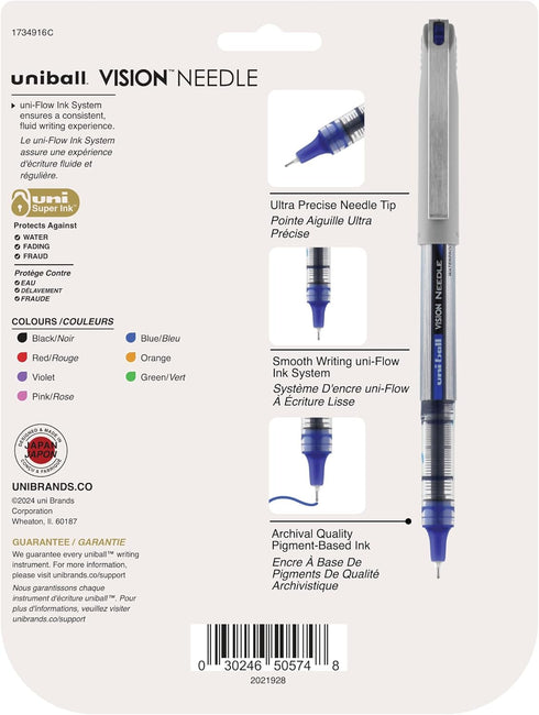 uniball Vision Needle Roller Ball Pen, Fine 0.7 Mm, Stick, Silver Barrel, Assorted Ink Colors, 8/pack
