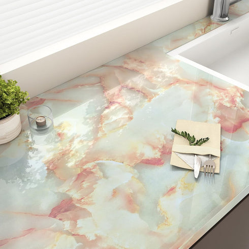 Beige Pink Marble Contact Paper Self Adhesive Marble Wallpaper Stick and Peel Waterproof Cream Granite Contact Paper for Countertops Kitchen Cabinets Drawers Liner Vinyl Roll 17.71" x 120" by STICKEEP