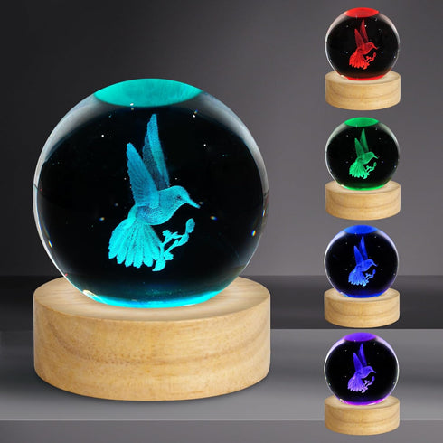 PYMIN3D 3D Hummingbird Crystal Ball Night Light 2.4in Hummingbird Figurines Decor Table Lamp