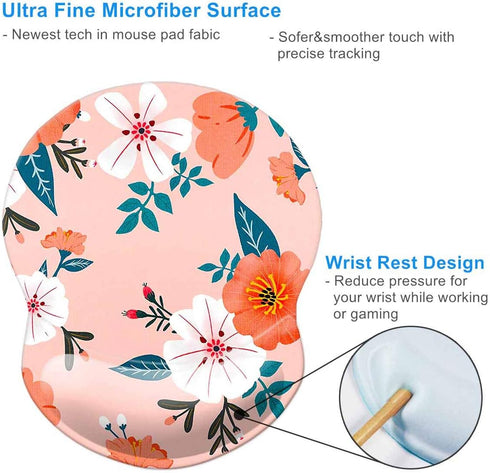 Ergonomic Design Mouse Pad with Wrist Rest Support, Cute Non-Slip PU Base Pain Relief Mousepad (Wrist Flowers Pink A)
