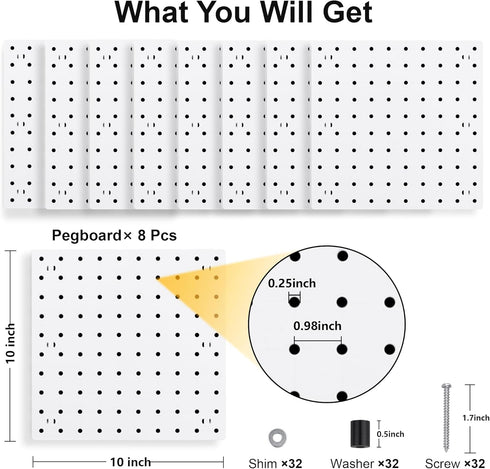 8PCS Pegboard Wall Organizer Panels, White Pegboard Wall Mount for Craft Room, Garage, Kitchen, Easy to Install
