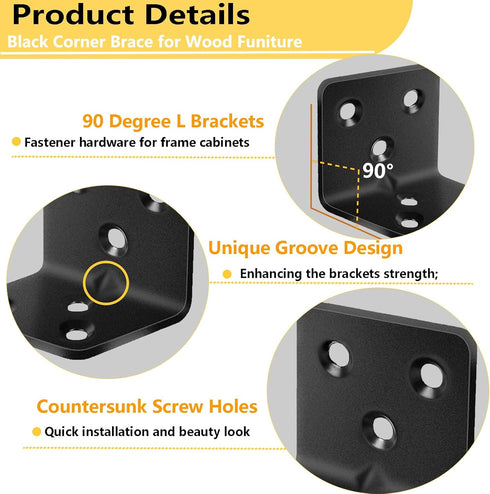 Evadow 40Pcs 1.2x 1.2 1.5 90 Stainless Steel Black Angle Brackets, x Corner Braces for Wood Furniture, Degree L