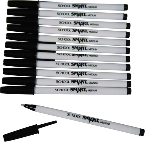 School Smart Round Stick Pen, Medium Tip, Black, Pack of 12
