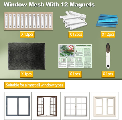 Magnetic Window Screen, Adjustable DIY Window Net Max 59 x 51 with Magnetic Fastener, Fiberglass Fine Mesh