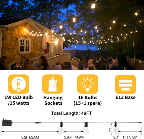 15M Dimmable Bulbs, 3 LED Outdoor String Lights Patio Hanging Light with Remote, Waterproof Shatterproof Edison Modes