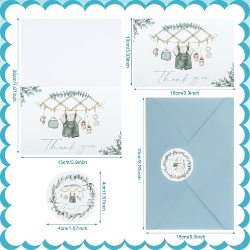 50 Pack Draupnir Baby Shower Thank You Cards with Envelopes & Stickers Green Cloth Card for Boy Blank Greeting Cards