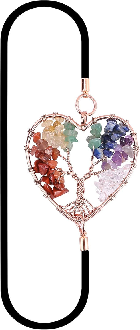 Yoption 2 Pack Tree of Life Elastic Bookmark, Rose Golden Heart Shape Vintage Bookmarks with 7 Chakra Crystals Pendant