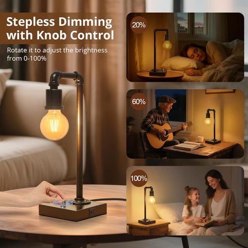 Dimmable 6W Bulb Industrial Table Lamp for Bedroom, Fully Bedside Lamp with USB C+A Ports, Vintage Lamp with Water Pipe
