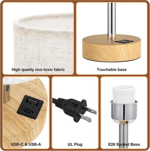 3 Dimmable 14in Dicoool Touch Bedside Table Lamp with USB - Way Wood Lamp for Bedroom Nightstand, Desk Lamp
