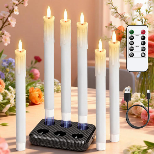 Rechargeable Flameless Taper Candles with Charging Station & Remote Timer, 6 Pcs