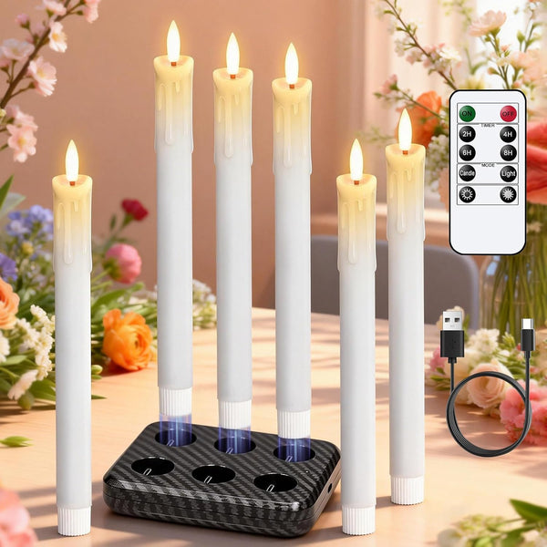 Rechargeable Flameless Taper Candles with Charging Station & Remote Timer, 6 Pcs