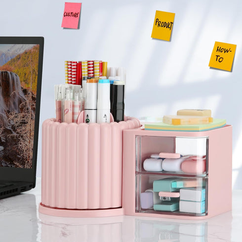LETURE Rotating Office Desk Organizers with 2 Drawer, Pencil Pen Marker Holder for Desktop Storage Organizers and