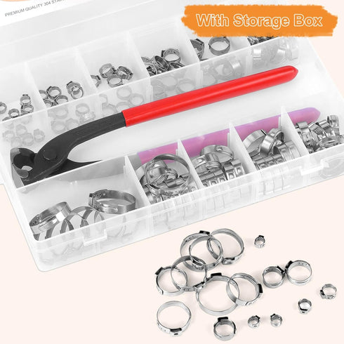 120PCS 11 Sizes Single Ear Hose Clamps, 304 Stainless Steel Stepless Cinch Rings Crimp Assortment Kit with Ear Clamp