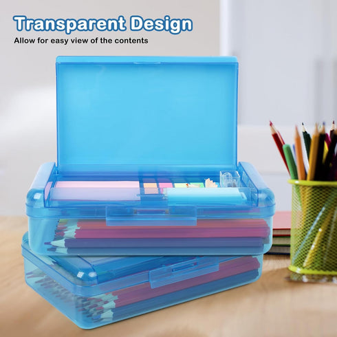 Large Capacity Plastic Pencil Box, Double Layer Pencil Case for Kids and Adults, Hard Crayon Box Storage (Blue)