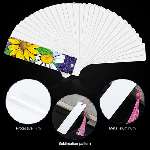 Tenare 30 Pieces Sublimation Blank Bookmarks, Metal Heat Transfer Aluminum with Colorful Tassels for DIY Projects