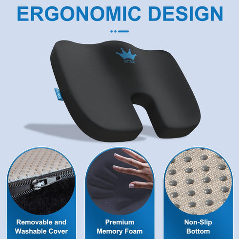 Seat Cushion for Office Chair & Car - Memory Foam Coccyx Support Pillow with Non-Slip Cover, Sciatica & Lower Back Pain