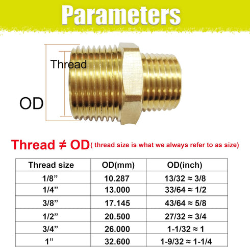 2pcs Reducing Hex Nipple, Brass 1/2" NPT Male x 3/8" NPT Male Pipe Fitting Reducer Adapter (2pcs, 1/2"-3/8")