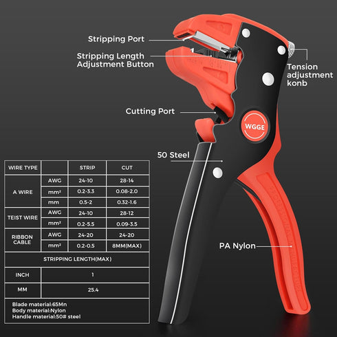 WGGE Automatic Wire Stripper and Cutter, 2 IN 1 Tool for 10-24 AWG Electrical Cable Stripping, Eagle Nose Pliers