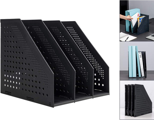 Leven Collapsible Magazine File Holder, Desk Organizer with 3 Vertical Compartments, Dark Grey