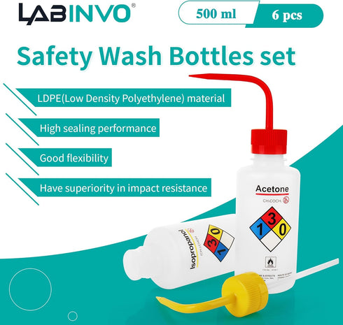 Safety Wash Bottles, Vol.500ml, 6PCS of Lab Rinse Squeeze Bottles, Printed Acetone, Ethyl Alcohol, Methanol, Isopropanol, Distilled Water, Sodium Hypochloride, LDPE Material, IN-WBS001 by LABINVO