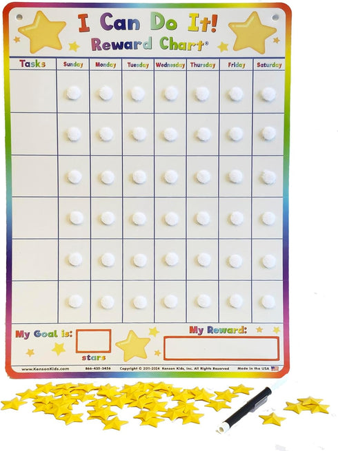 Kenson Kids I Can Do It Reward Chart - Customizable Dry Erase Incentive Chart with 45 Reward Stars and Marker