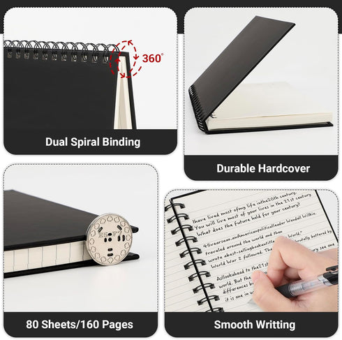 EUSOAR Spiral Notebook College Ruled, 3packs Black A5 5.5" x 8.3", 160 Pages/80 Sheets, Notebooks for Work Office