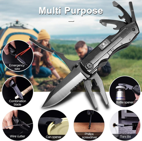 Multitool Pocket Pliers with Folding Knife, Stainless Steel Survival Camping Knife, Durable Sheath, Gifts for Men