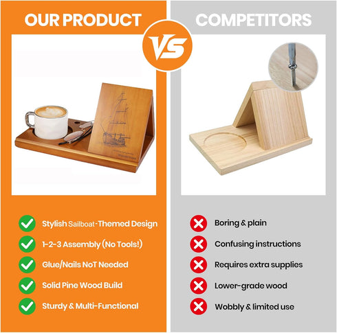 WoodenVibes Sailboat Triangle Book Holder with Design,Nautical Wooden Book Stand for Reading Valet with Cup Holder