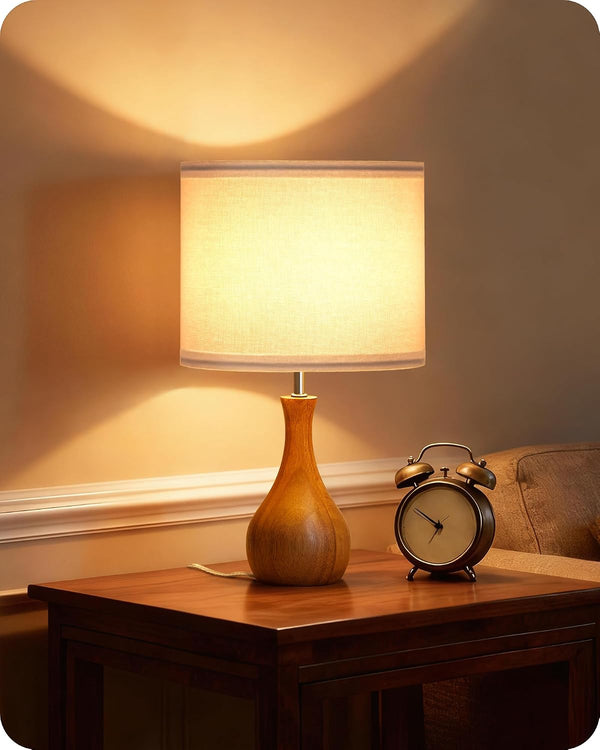 Small Table Lamp, Wood Bedside Lamp with White Linen Lampshade & Dark