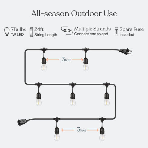 24 Commercial 7 1W Bulbs, Dimmable Brightech Ambience Pro LED String Lights - Ft Grade Patio Lighting Outdoor