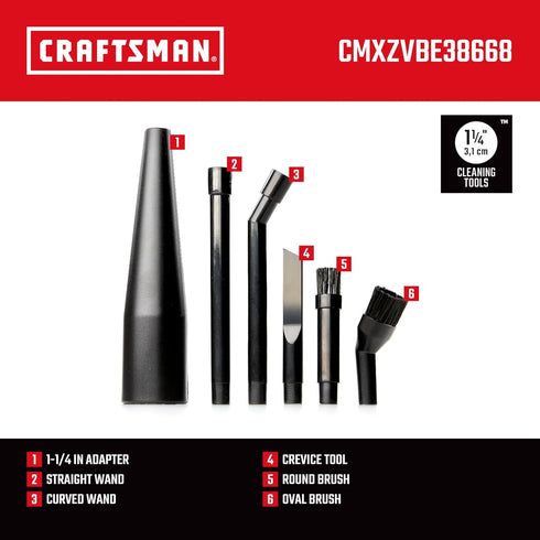 CMXZVBE38668 1-1/4 6-Piece 1-1/4 CRAFTSMAN in. Micro-Cleaning Wet Dry Vac Attachment Kit, Industrial-Grade Shop Vacuum