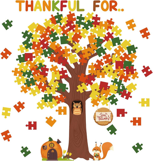Thanksgiving Classroom Bulletin Board Decorations, Fall Tree Set Puzzle Cutouts for Autumn Harvest Thanksgiving Party