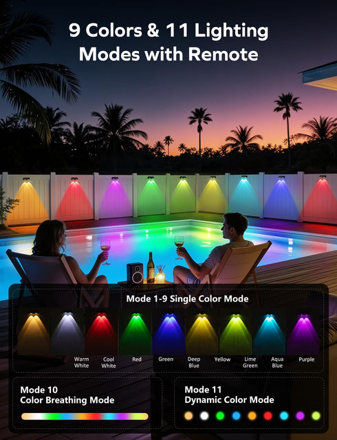4 Pack 9 11 IP65 Solar Fence Lights Outdoor, Color Changing Fence Lights Solar Powered with RGB Colors & Lighting