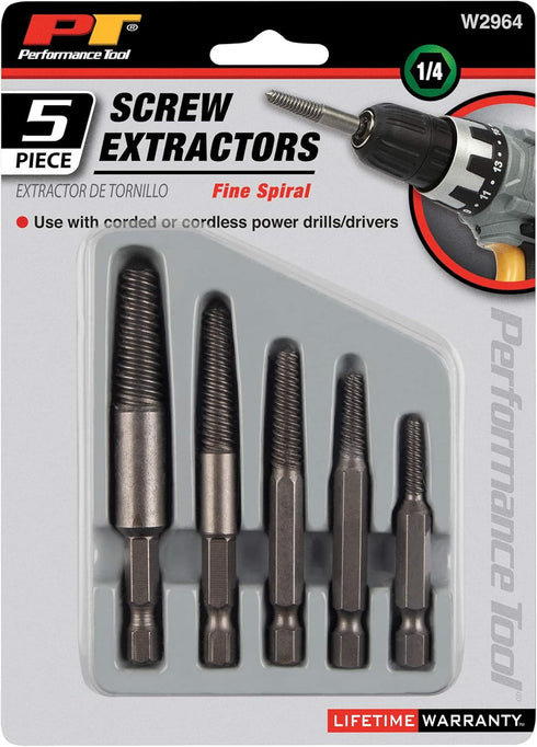 Performance Tool W2964 Fine Threaded Extractor Set, Remove Damaged Fasteners from Wood, Plastic, or Metal