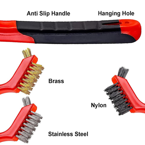 3Pcs Mini Wire Brush Set with Stainless Steel, Brass, Nylon Bristles, Curved Handle for Deep Cleaning Rust, Dirt &