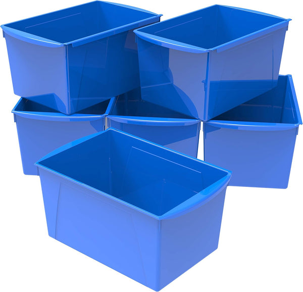 Storex Extra-Large Book Bin, Interlocking Plastic Organizer for Home, Office, Classroom, Blue, Pack of 6