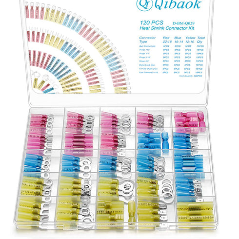 120 PCS Heat Shrink Wire Connectors Qibaok Insulated Electrical Terminals Kit - Waterproof Marine Crimp Connector