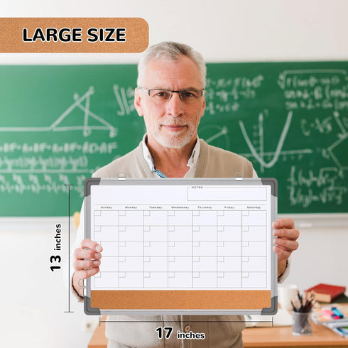 Monthly Calendar Whiteboard Cork Board Combination, 17"x13" Magnetic Dry Erase Board, Double-Sided, Portable for Home